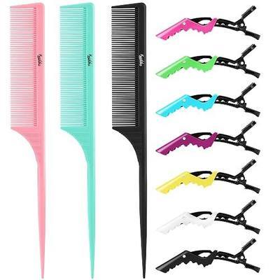 10Pcs Rat Tail Comb Hair Clips Set:3 Anti-Static, Heat-Resistant Carbon Fiber Parting Comb and 7 Sectioning Hair Clips Suitable for Precision Sectioning, Coloring, Braiding, and Daily Styling