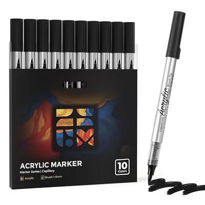 ZSCM Black Acrylic Paint Markers, 10 Pack Direct Liquid Automatic Ink Control Acrylic Paint Pens, Water Based Brush Tip, No Bleed for Rock, Wood, Canvas, Glass, Pumpkin, Christmas Art, DIY