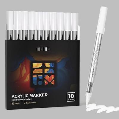 ZSCM White Acrylic Paint Markers, 10 Pack Direct Liquid Automatic Ink Control Acrylic Paint Pens, Water Based Brush Tip, No Bleed for Rock, Wood, Canvas, Glass, Pumpkin, Christmas Art, DIY