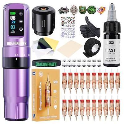 Dragonhawk Atom2 Pro Tattoo Kit, 7 Stroke Settings, 2000mAh, Purple | Wireless Pen with 2.4-4.2mm Stroke Range, Mcore-A3 Motor, 2000mAh battery 7h Runtime, 20 Cartridge Needles in 10 Sizes