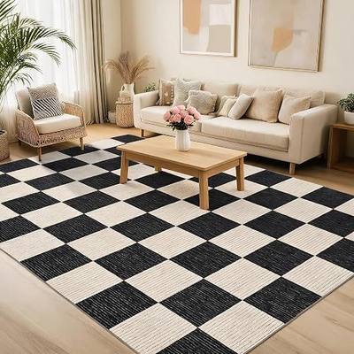 Garvee Modern Checkered Rug 5x7 Area Rugs for Living Room Washable Rugs Bedroom Rug Stain Resistant Non Slip Floor Cover for Dining Room Office Nursery Not Braided, Black | Checkered Bedroom Rug Stain Resistant Non Slip Floor Cover for Dining Room Office Nursery Not Braided