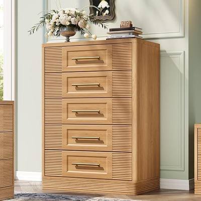RECHHX Farmhouse 5 Drawers Dresser for Bedroom, 44" Tall Modern Chest of Drawers, Wooden Curved Dresser Organizer for Bedroom, Living Room, Natural Oak