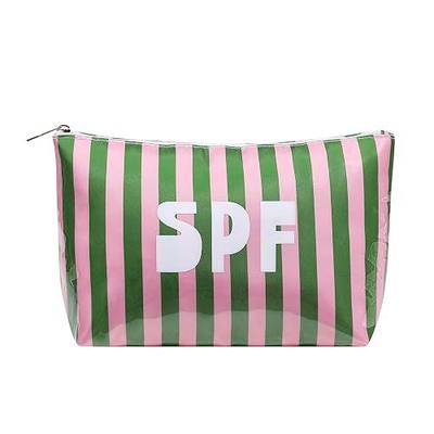 RSRSLEII Striped Summer SPF Travel Makeup Bag,Aesthetic Waterproof Clear Coated Cosmetic Bag Toiletry Bag, Sunscreen Accessories Storage Organization, Beach Swim Travel Purse(01Pink&Green)