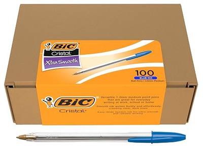 BIC Cristal Xtra Smooth Ballpoint Pen, Medium 1.0 mm Point and Easy-Glide Ink for Everyday Writing, 100-Count Pack in Blue Ink
