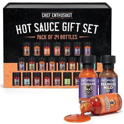 Hot Sauce Gift Set - 24 Count Variety Pack of Mini Hot Sauces, Assorted Flavors & Heat Levels, Hot Sauce Sampler Collection for Tasting, Parties, Gifts & Spice Lovers