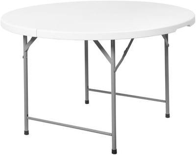 Romig Trestle 4 ft Round Folding Table, Blow Mold Plastic Top, Fold-in-Half with Handle, Heavy-Duty Steel Frame, 48 in, White