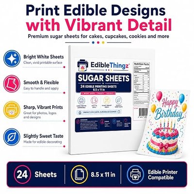 EdibleThingz Sugar Sheets 24 Pack 8.5 x 11 Inch, Edible Paper for Edible Printers, Frosting Sheets for Edible Images and Cake Decorations, Icing Sheets Kosher Halal Vegan