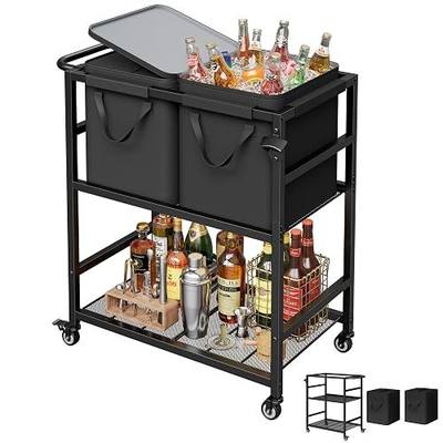 Patio Rolling Cooler Cart, Portable Bar Station for Backyard, Pool & BBQ | Two Detachable Insulated Bags, Four Casters with Two Locks, Side Bottle Opener, 12-Hour Insulation