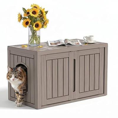 Cat Litter Box Enclosure, Practical Hidden Litter Box Cabinet with Adjustable Space Divider & Side End Table, Double Doors, Labor-Saving Cleaning & Assembly, Indoor Outdoor Pet Cat House(Grey)