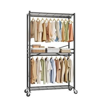 HYSEYY Rolling Clothes Rack Heavy Duty Clothing Rack for Hanging Clothes | Freestanding Garment Rack with Shelves & Wheels, Sturdy Portable Wardrobe Closet Organizer for Bedroom, Laundry Room, Black