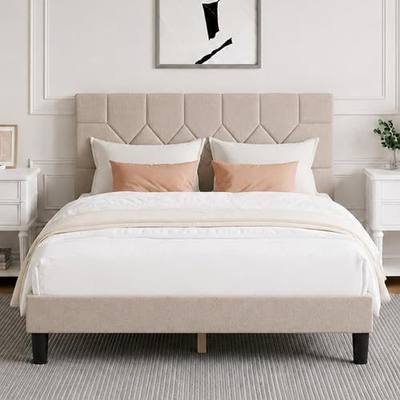 Novilla King Size Bed Frame, King Bed Frame and Headboard, Linen Upholstered Pull-Point Bed Frames, No Box Spring Needed, Metal Support Heavy Duty Feet, Easy Assembly, Beige
