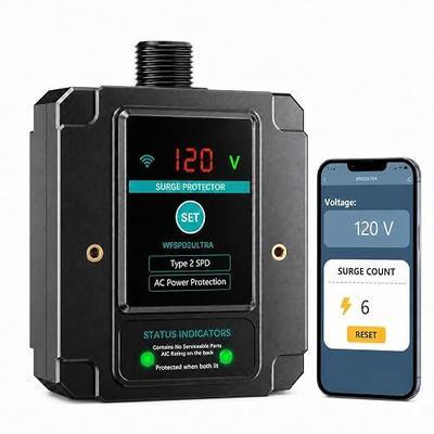 WiFi Smart Surge Protective Device, Thermally Protected MOV, Type 2 SPD for 120/240VAC Breaker Panel, App Notification, Voltage & Surge Count Display, 108,000A, 2,820 Joules
