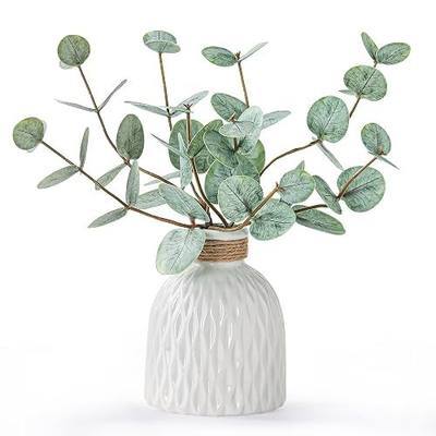 Fake Eucalyptus Plants 4 Stems in Ceramic Vase for Indoor Home Decor | Fake Plants for Home Decor, Artificial Greenery in Vase, Faux Plant Small Centerpiece for Modern Farmhouse Mantle Decor