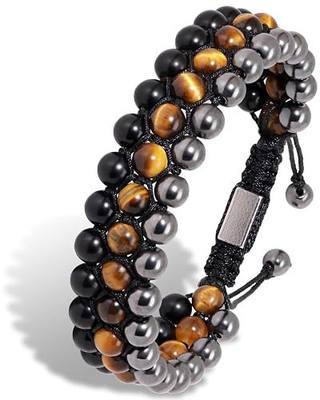 Triple Protection Bracelet for Men - Handmade Natural Hematite Tiger Eye Obsidian Mens Beaded Bracelet, Adjustable Healing Crystal Jewelry for Protection & Luck with Gift Box