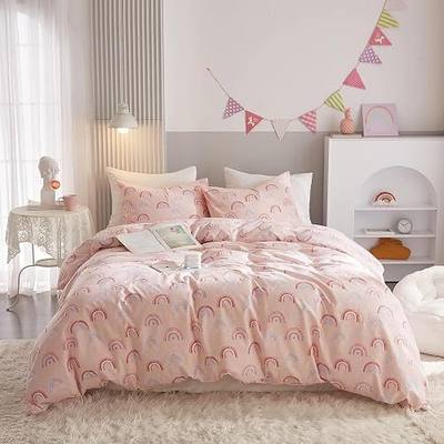 Ivellow 100% Cotton Duvet Cover Full, Ultra Soft Breathable Rainbow Print Cute Kawaii Bedding Set for Girls, 3 Pcs Patterned Cartoon Pink Comforter Cover for Kids Toddler Teen Bedroom Dorm Essentials