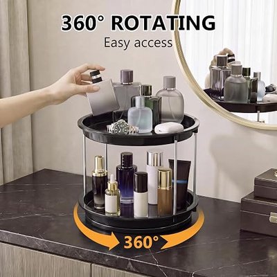 360 Rotating Makeup Organizer for Vanity, 2 Tier Cologne Organizer for Men, Skincare & Perfume Holder for Bathroom Counter, Dresser, Shelf, Cabinet, Black