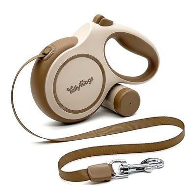 16ft Retractable Dog Leash for Medium Dogs up to 66 lbs,Khaki | Waste Bag Dispenser,Stretchable Dog Lead 360°Tangle-Free Outlet Guide Durable Nylon Rope One-Handed Brake & Lock, Anti-impact