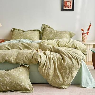 HighBuy Girls Floral Washed Cotton Duvet Cover Set Full,Farmhouse Chic Sage Green Floral Print Quilt Cover for Kids Toddler Teens,Soft Breathable Textured Comforter Cover with Zipper & Corner Ties