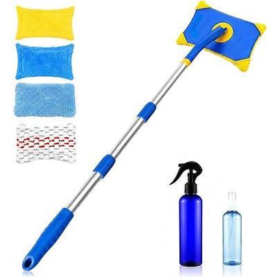 XINDELL Long Reach Windshield Cleaner Tool, 28"-44.5" Extendable Car Glass Cleaner with Curved Pole & Pivot Head, Inside Windshield Cleaner for SUV Truck RV, 4 Microfiber Pads | Curved Pole Pivot Head