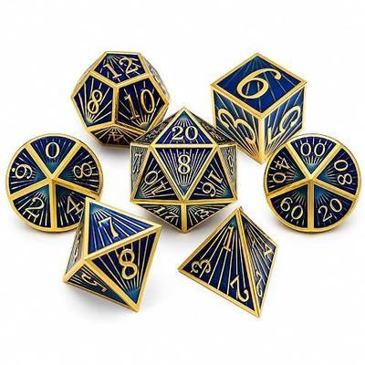 Radiant Array Metal DND Dice Set, 7-Piece RPG Dice | Solid zinc alloy dice with heavy feel, readable numbers, cosmic beam design, and collector gift box for tabletop RPGs.