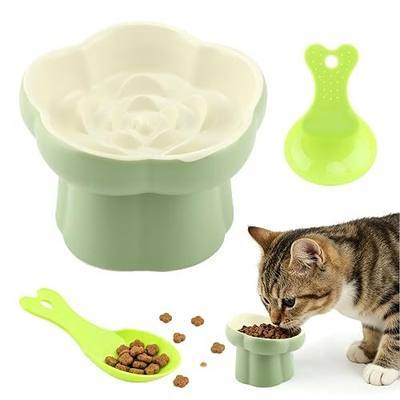 Ceramic Slow Feeder Cat Bowl with 2 Cat Food Scoop, Choke-Proof & Anti-Tip for Cats & Small Dogs, for Dry Wet Food Easy to Clean