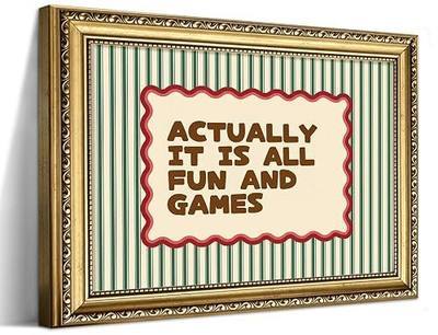 Gold Framed Wall Art, Actually It Is All Fun And Games Wall Decor, Funny Playroom Quote Canvas Paintings, Vintage Striped Poster Prints Picture for Kids Room Game Room Bedroom Dorm 8x10 Inch