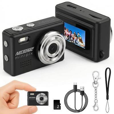 MiniPix 1080P Digital Keychain Camera, 8GB Card, USB-C, Black | 0.96-inch color screen, 1MP sensor, photo/video capture, pocket size, clip-on design, rechargeable, travel, gifts, teens, 6+