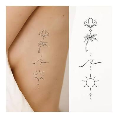 Beach Hawaii Semi Permanent Temporary Tattoo for Women | Realistic matte fake tattoo with waterproof featuring wave shell coconut tree & sun, lasting up to 2 weeks