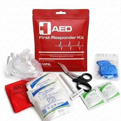 WNL Products FAK5000AED AED First Responder Kit with Mask | CPR Rescue Mask with One Way Valve, Shears, Prep Razor, Gauze Pads, Gloves, Cleansing Wipes, Disposal Bag, single use