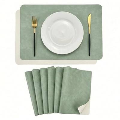 Faux Leather Placemats Set of 6, Light Green & Ivory | Washable Placemats, Heat-Resistant, Waterproof, Wipeable, Double-Sided Place Mats for Kitchen, Dining & Outdoor Use