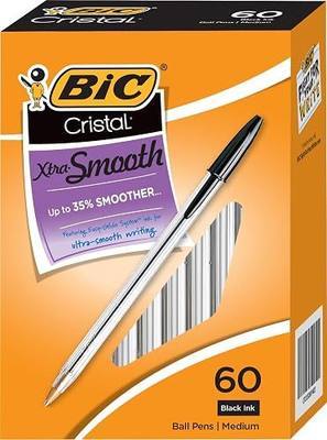 BIC Cristal Xtra Smooth Ballpoint Pen, 1mm Medium Point, Black Ink, 60 Pack | Easy-Glide System Ink