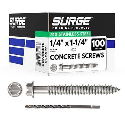 1/4" x 1-1/4" Hex 410 Stainless Steel Concrete Screws with Bit (Box of 100) | 1-1/4 Inch Hex Head 410 Stainless Steel Screws with Drill Bit for Concrete, Block, Brick and Stucco Masonry