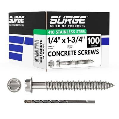 1/4" x 1-3/4" Hex 410 Stainless Steel Concrete Screws with Bit (Box of 100) | 1-3/4 Inch Hex Head 410 Stainless Steel Screws with Drill Bit for Concrete, Block, Brick and Stucco Masonry