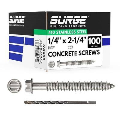 1/4" x 2-1/4" Hex 410 Stainless Steel Concrete Screws with Bit (Box of 100) | 2-1/4 Inch Hex Head 410 Stainless Steel Screws with Drill Bit for Concrete, Block, Brick and Stucco Masonry