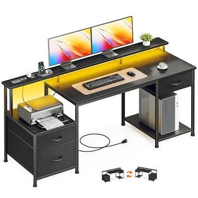Korfile 55" Computer Desk with LED Lights & Power Outlets, Reversible Home Office Desk with File Fabric Drawers, Printer Space, Monitor Stand for Working Gaming Study, Black