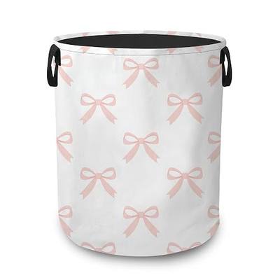 Pink Bow Collapsible Laundry Hamper,Coquette Ribbon Waterproof Oxford Cloth Clothes Basket with Handles for Bathroom Bedroom Nursery Dorm Room,16" x 20"