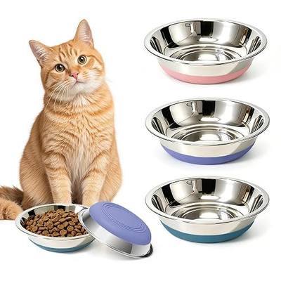 3 Pack Stainless Steel Cat Bowls, Cat Dishes Whisker Friendly with Non-Slip Silicone Bottom, Easy to Clean, 5.5" Shallow Wide Cat Food and Water Feeding Bowl for Indoor Outdoor Cats