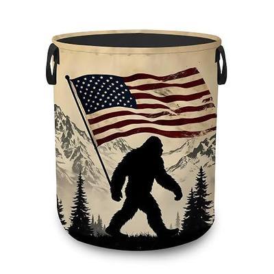 Laundry Hamper,Bigfoot American Flag Collapsible Laundry Basket with Handles,Mountain Forest Waterproof Oxford Cloth Clothes Organizer for Bedroom Bathroom Dorm Nursery,16 x 20 Inch