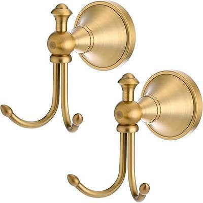 2 Pack Brushed Brass Bathroom Hooks for Towels and Robes | Heavy Duty Wall Mounted Double Hook - Gold Vintage Coat Hangers for Shower, Kitchen, Entryway