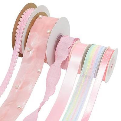 Pink Ribbon Gift Wrap Ribbons 6 Rolls Total 40 Yards Ribbons for Crafts,Wedding Party Decor,Ribbon for Flower Bouquet,Include Pom Pom Trim,Satin Ribbon,Organza Ribbon (Pink 6 Rolls Mix B)