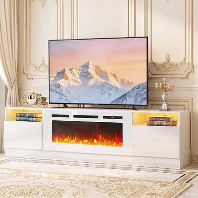 MXV 90" Fireplace TV Stand for TVs Up to 100", LED Light Entertainment Center with 50" Electric Fireplace, Modern Wood Texture TV Media Console with Highlight Storage Cabinet, White+White