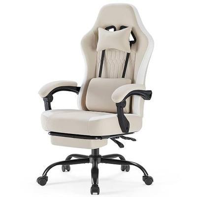 Gaming Computer Chair - High Back Gaming Chair for with Footrest and Lumbar Support, Height Adjustable Task Chair with Linkage Armrests and Headrest, 360° Swivel Wheels, Khaki