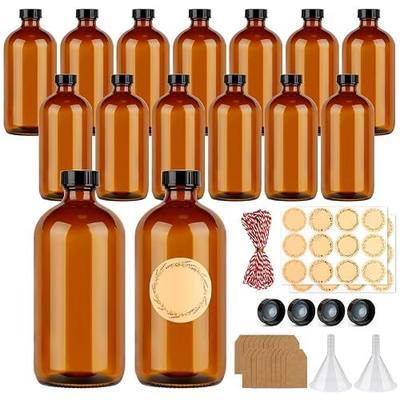 15 Pack 16 OZ Amber Glass Bottles, Boston Round Bottles with Airtight Phenolic Polycone Caps for Homemade Vanilla Extract, Kombucha, Syrups, Essential Oils & Tinctures