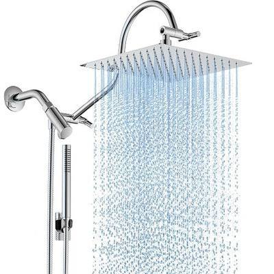 MakeFit All Metal Shower Head Combo with Handheld, 10" Square Rainfall Shower Head with Curved Extension Arm, Adjustable Dual Shower Heads with 71" Extra Long Hose, Chrome