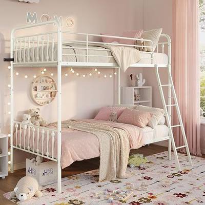SHA CERLIN Convertible Twin Over Twin Bunk Bed, CPC Certified,White | Victorian Iron-Art Headboard and Footboard,Space-Saving Metal Bunk Bed with Guardrail & Ladder,No Box Spring Needed