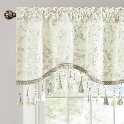 Leeva Scalloped Valance for Window, Floral Foil Print Curtain Topper for Bedroom Living Room, 52" x 18" Rod Pocket Valance, White