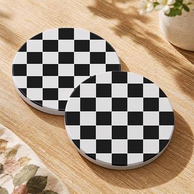 Oqplog 2 Pack Ceramic Absorbent Drink Coasters for Women | Black White Plaid Modern Absorbent Drinking Coasters with Cork Backing for Desk Table Office Coffee Bar 4 Inch Set of 2