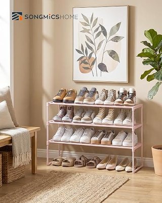 SONGMICS HOME Shoe Storage Organizer, Metal Shoe Rack, for Entryway, Living Room, Garage, 12 x 36.4 x 21.9 Inches, Pink