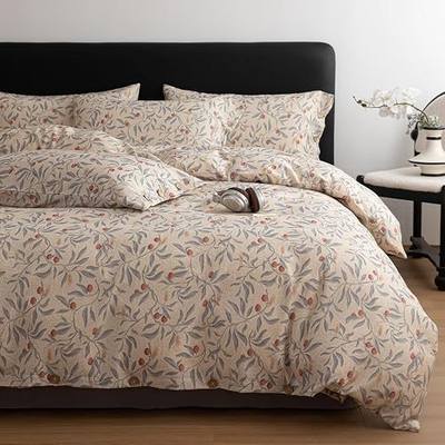 HighBuy Farmhouse Linen Duvet Cover Set King Size 3 Pieces Blue Leaf Print Linen Cotton Textured Beige Comforter Cover with 2 Pillowcases,Breathable Durable Comfy Farmhouse Bedding Set