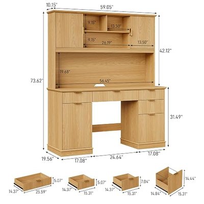 Vabches Farmhouse Executive Desk with 5 Drawers & 3 Storage Cabinets,Oak | 59" Rustic Large Home Writing Desk with Hutch, Computer Workstation for Home Office, Bedroom